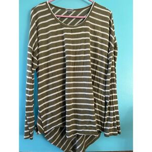 TBH Top Womens XL Green White Striped Long Sleeve High Low Scoop Neck DK3646